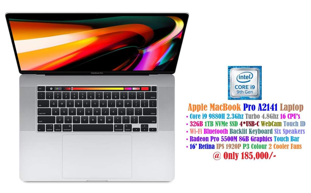 Apple MacBook Pro A2141 Laptop Core i9 9880H 2.3Ghz 16 CPU's 32GB 1TB NVMe  SSD Radeon Pro 5500M 8GB Graphics 16' Retina IPS 1920P P3 Colour –  Bestsella Computers