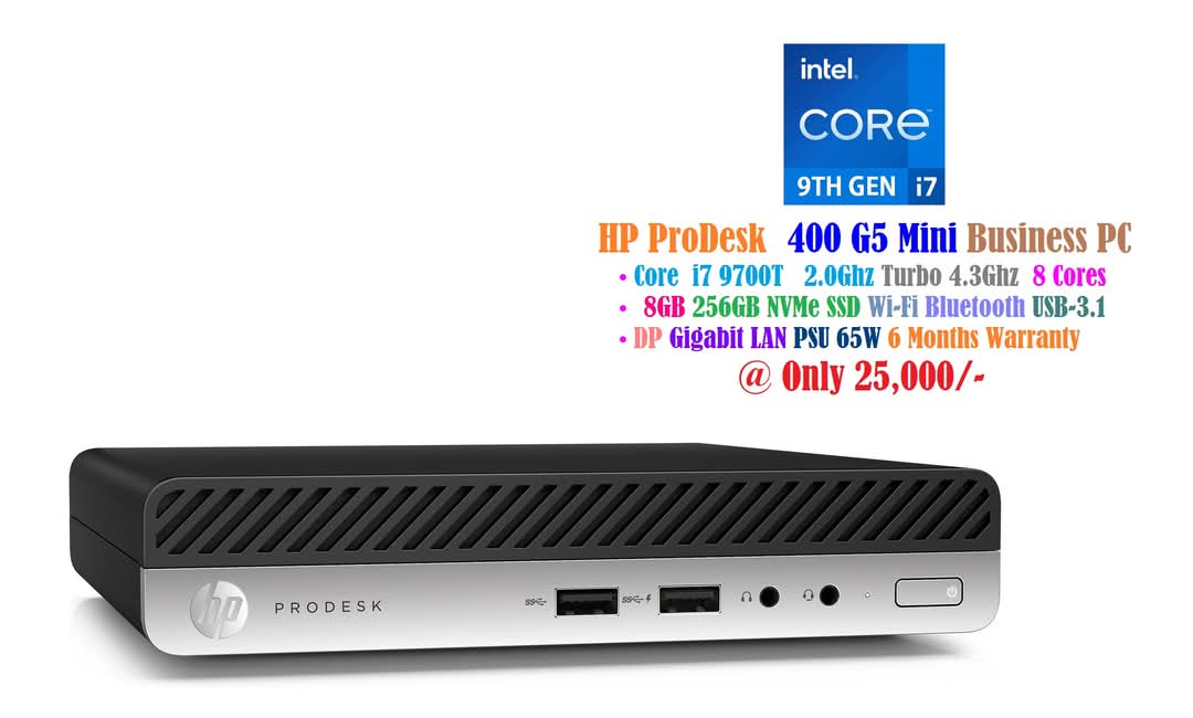 HP ProDesk 400 G5 Mini PC Core i7 9700T 2.0Ghz 8 Cores 8GB 256GB